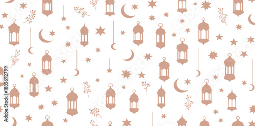 Whimsical ramadan lanterns and celestial elements on white background with soft pastel colors