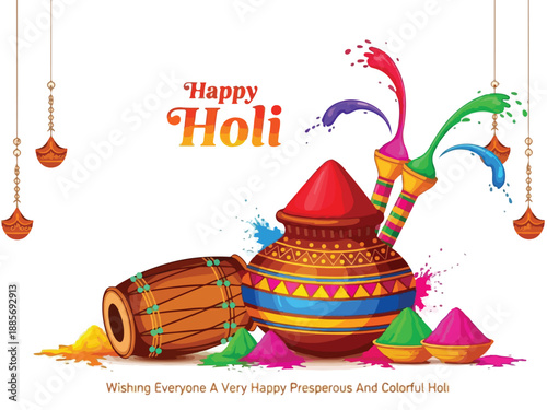 Happy Holi festival vector illustration with colorful powder, traditional pot, drum, and pichkari on white background