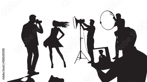 Photographers and Models Posing during Photoshoot on White Background