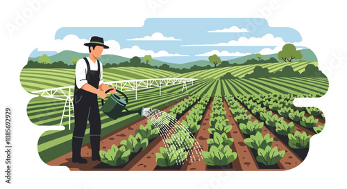 Vector illustration of a USA farmer watering vegetable crops, promoting eco-friendly irrigation and sustainable food production in a bright flat vector farm scene