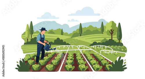 Vector illustration of a USA farmer watering vegetable crops, promoting eco-friendly irrigation and sustainable food production in a bright flat vector farm scene