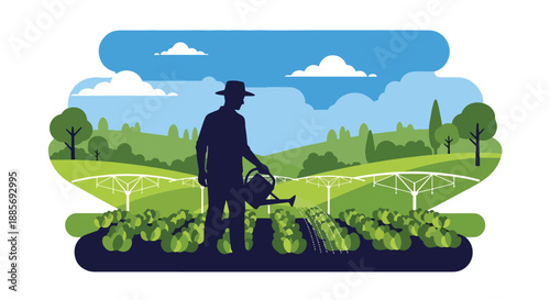 Vector illustration of a USA farmer watering vegetable crops, promoting eco-friendly irrigation and sustainable food production in a bright flat vector farm scene