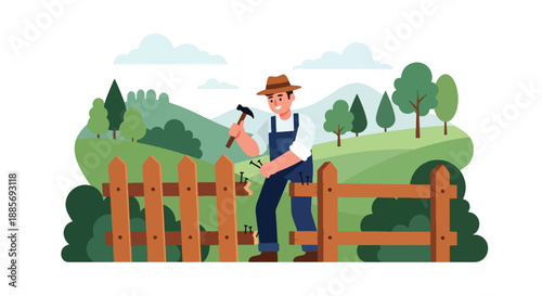 Vector illustration of a USA farmer repairing a wooden fence, highlighting rural maintenance, responsibility, and hardworking American farm life in flat vector style