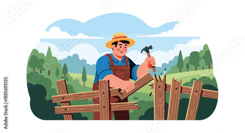 Vector illustration of a USA farmer repairing a wooden fence, highlighting rural maintenance, responsibility, and hardworking American farm life in flat vector style