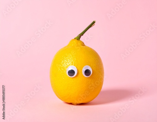 Lemon with Eyes: A zesty lemon comes to life with googly eyes, posing against a soft pink backdrop, a playful and vibrant composition.