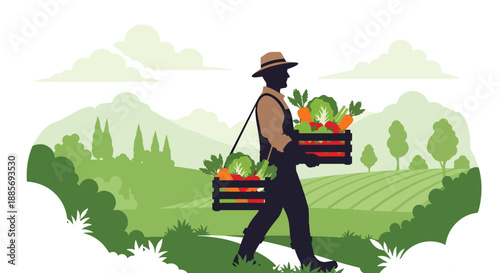 Vector illustration of a USA farmer carrying a crate of fresh produce, symbolizing organic food supply and hardworking rural American agriculture in flat vector style
