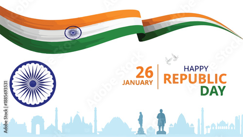 Indian Republic Day vector banner with waving tricolor flag, Ashoka Chakra, and India landmark silhouettes on white
