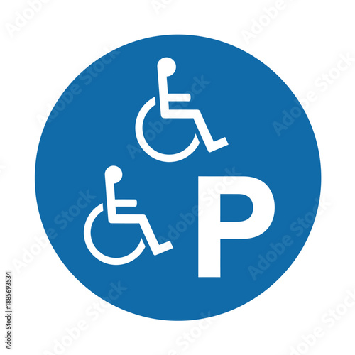 Accessible parking symbol showing two wheelchair users and the letter P inside a blue circle isolated on transparent background