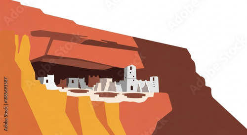 A vibrant illustration of a white cityscape nestled within a stunning canyon at sunset with warm orange and yellow hues