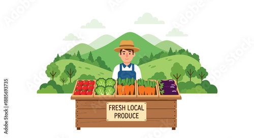 Vector illustration of a USA farmer selling vegetables at a roadside stand, representing local food markets and community-based American farming in flat vector style