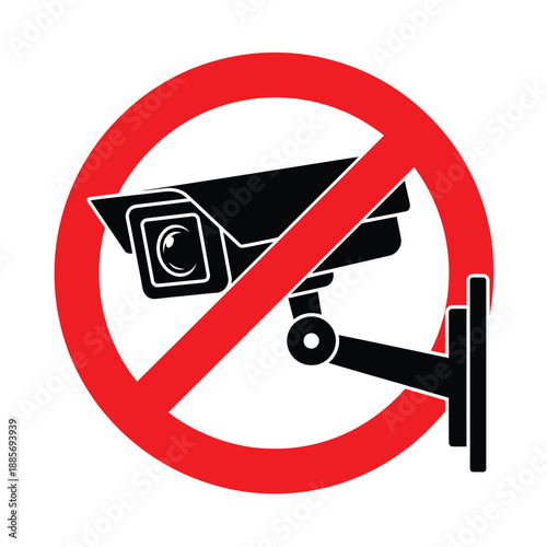Prohibition sign with a black security surveillance camera symbol crossed out