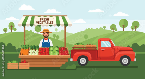 Vector illustration of a USA farmer selling vegetables at a roadside stand, representing local food markets and community-based American farming in flat vector style