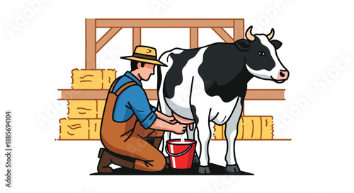 Vector illustration of a USA farmer milking a cow in a dairy farm, showing traditional livestock work and sustainable American food production in flat vector style