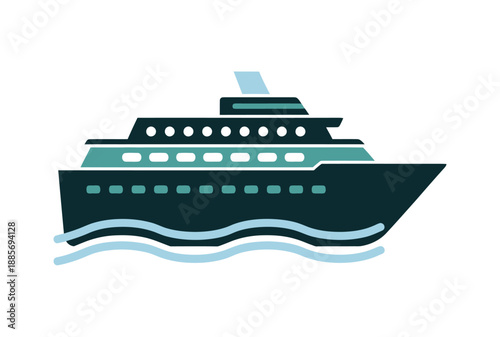 Stylized modern cruise ship illustration sailing gracefully on blue waves in a minimalist design