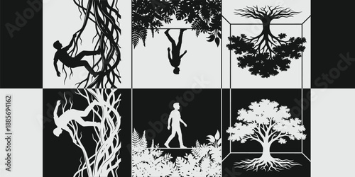 Vector Set of 3 Conceptual Silhouettes of Man and Nature Duality