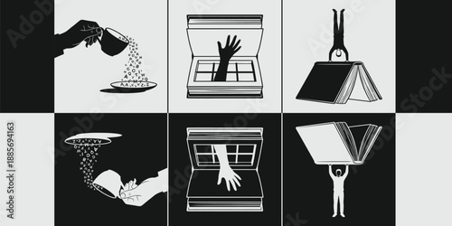 Vector Set of 3 Conceptual Illustrations: The World of Books, Knowledge, and Imagination