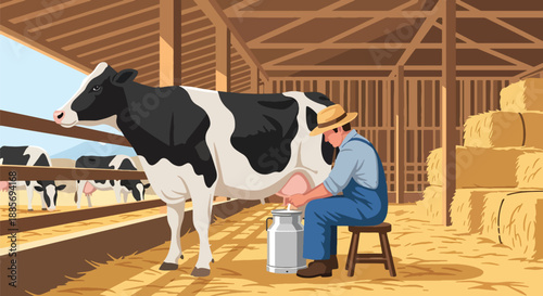 Vector illustration of a USA farmer milking a cow in a dairy farm, showing traditional livestock work and sustainable American food production in flat vector style