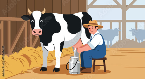 Vector illustration of a USA farmer milking a cow in a dairy farm, showing traditional livestock work and sustainable American food production in flat vector style