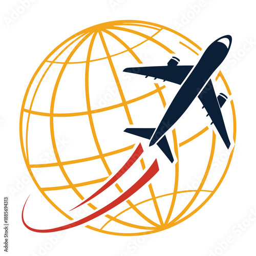 Airplane flying around the globe illustration depicting travel and transportation