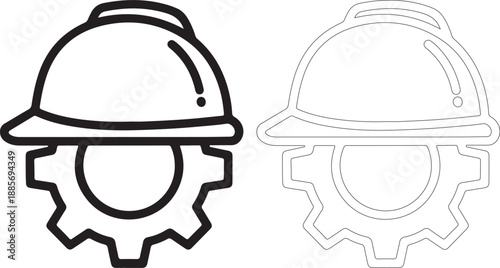Black and gray hard hat and gear icons in line art style for industrial concepts