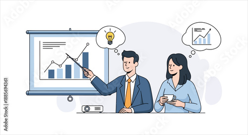 Business meeting with presentation and charts showing growth and idea generation