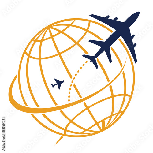 Aerospace illustration of airplanes flying around a stylized globe with a yellow grid overlay from an aerial viewpoint