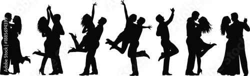 Vector illustration of dancing couple silhouettes—symbols for movement, rhythm, connection, choreography, emotion, elegance, performance, celebration, passion, and artistic expression