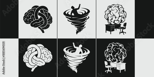 Vector Set of 3 Mental Health and Business Problem Concepts Tangled Brain Crisis Vortex and Frustration