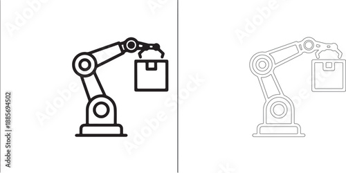 Robotic arm with a gripper picking up a box in two different line styles
