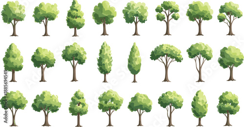 Set of cartoon green trees isolated on white background, flat vector forest elements collection for nature design, landscape illustration, game assets, eco and environment concepts