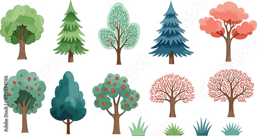 Set of colorful cartoon forest trees and grass bushes vector illustration collection isolated on white background for nature landscape game design and summer environment
