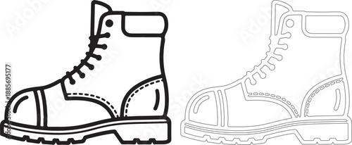 A black and white illustration of a pair of boots with laces and soles
