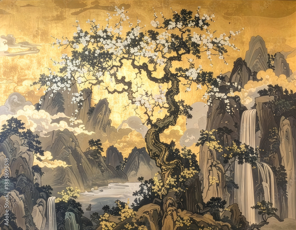 Naklejka premium 桜 Sakura 050 Grand Japanese Landscape with Golden Clouds, Waterfalls, and Cherry Blossoms in Kano Style（狩野派様式で描かれた金色の雲と滝、桜が彩る壮大な日本の風景画）