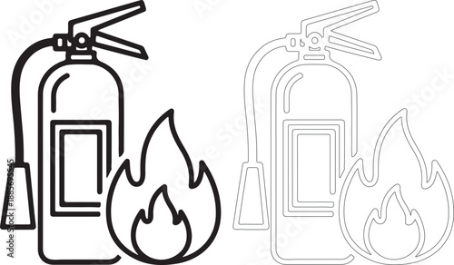 Fire extinguisher and flame icon set in black and white line art style for safety and emergency concepts