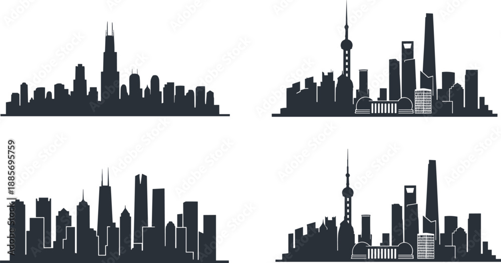 Obraz premium Black City Skyline Silhouettes Set with Modern Urban Skyscraper Profiles and Metropols Architecture Horizons Isolated on White Background for Real Estate Vector Graphic Design
