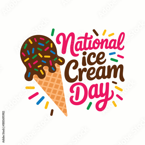 National Ice Cream Day colorful with ice cream cone and sprinkles chocolate vector illustration isolated on white background.