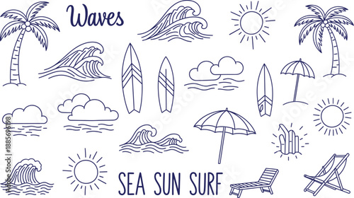 Beach and ocean illustrations with sun waves palm trees and more