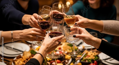 Multiple hands clinking wine glasses filled with red and white wine during a festive dinner party celebration.
