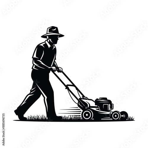 Silhouette of Man Mowing Lawn with Hat and Mower Keywords: man, mowing, lawn, grass, garden