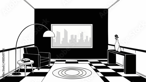 Modern minimalist living room with armchair and cityscape painting.