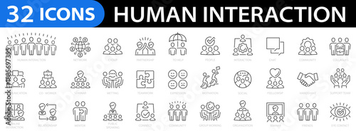 Human interaction 32 icon set. Connect, network, friends, human relationships, seminar, colleagues, people, chat, friends and more. Editable stroke. Vector illustration