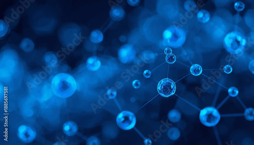 Blue molecular structure with glowing connections on a dark background with bokeh effect