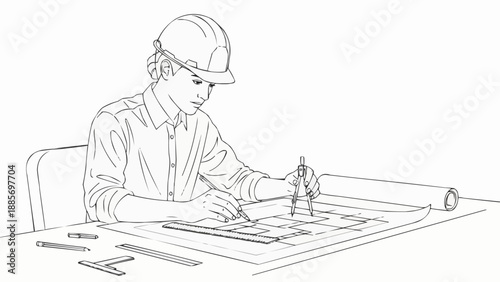 Architectural designer working on blueprints with drafting tools.