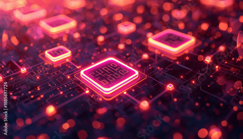 Glowing red microchips on a circuit board with neon lights and connections in a futuristic electronic background