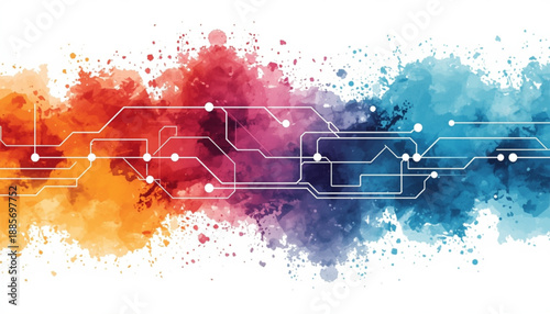 Vibrant colorful watercolor circuit board design with white lines and dots on a multicolored abstract background
