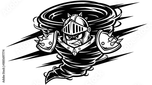 Mighty Knight Mascot in a Powerful Whirlwind on Isolated White Background