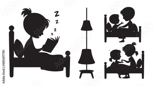 Children Sleeping in Bed with Lamp Silhouette Illustration