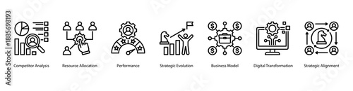 Strategic Alignment web banner vector illustration featuring Competitor Analysis, Resource Allocation, Performance, Strategic Evolution, Business Model, and Digital Transformation.