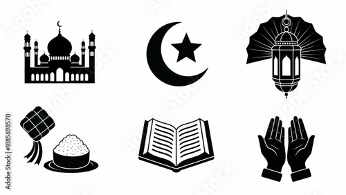 Vector collection of Islamic symbols and cultural elements, including mosque, crescent moon, holy book, and prayer hands, representing worship and celebration