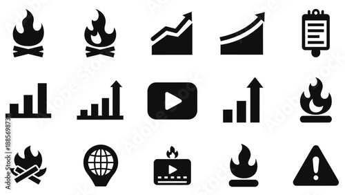 Set of Business Data, Multimedia, Warning, and Fire Icons on Isolated White Background